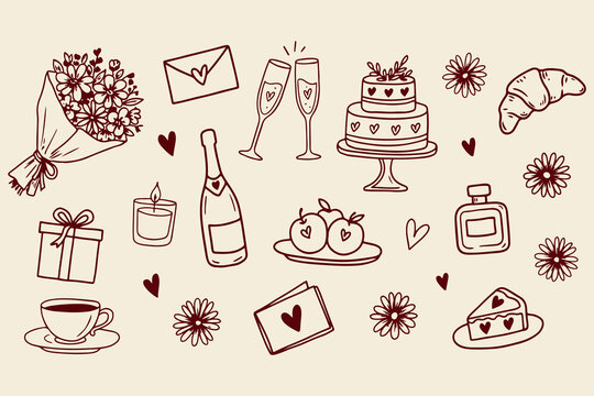 Romantic hand drawn celebration icon doodle vector set. Valentine day doodle set with flowers champagne cake and gifts. Love and celebration doodle set with flowers bouquet and wine. 