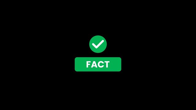 Animated green fact badge with white check mark and rotating motion for fact verification, truth confirmation and trusted information, transparent background
