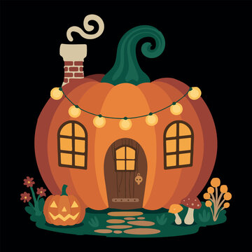 Cute Pumpkin House Vector Illustration with Halloween Lantern. Cozy Pumpkin Cottage Design with Festive Lights and Jack O Lantern. Halloween Pumpkin House Vector Graphic with String Lights. 