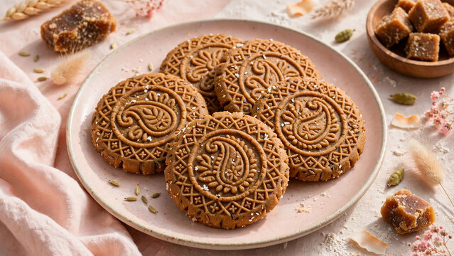 Thekua Bihari jaggery cookies with fennel and cardamom on plate