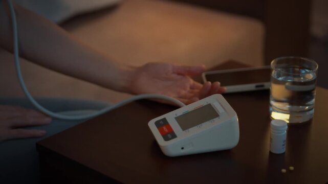 A young woman sits on the bed in the evening, putting a blood pressure cuff on her arm a glass of water and pills are visible in the background. Concept of home blood pressure monitoring