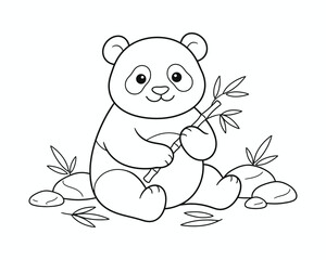 Cute panda sitting holding bamboo shoot surrounded by rocks © Anwara