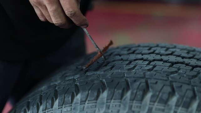 Mechanic repaired tire that had gone flat due puncture sharp object causing nitrogen leak repair involved plugging the puncture tire repair strip seal the leak restore tire normal working condition.
