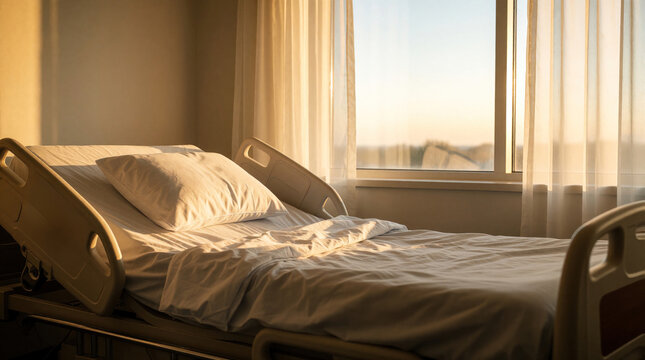 Empty hospital bed with white pillow, linen sits near window. Warm sunrise light shines through thin curtains into clinic room. Patient ward stays quiet at dawn. Peaceful medical setting for