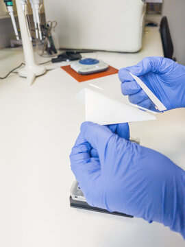 Brussels, Belgium. Applying optical sealing film to a qPCR plate during laboratory sample preparation