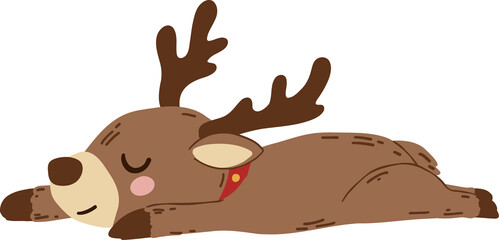Cute sleeping reindeer cartoon clipart brown deer lying flat with stretched legs, closed eyes, dark antlers, pink cheek, and red collar with golden bell, perfect for cozy Christmas holiday designs © GuitaRies
