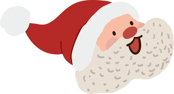 Cute Santa Claus cartoon clipart featuring a cheerful face with fluffy white curly beard, red Christmas hat, rosy cheeks, tiny black eyes, and playful open smile for festive winter holiday designs