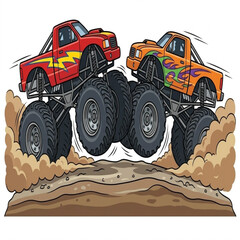 Monster trucks jumping and racing over dirt mounds vector illustration © Diant