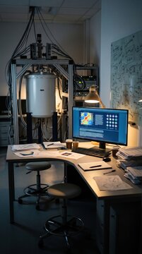 Cryogenic dilution refrigerator and computer analysis corner in quantum computing lab with visible hardware schematics, research data charts, and warm desk illumination.