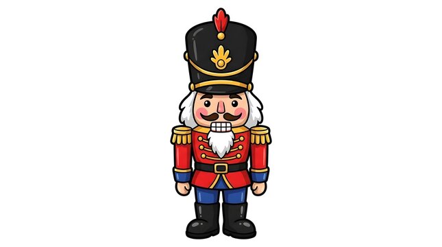 Traditional cartoon nutcracker toy soldier in a red and blue uniform with a tall black hat. Perfect for classic Christmas decorations.