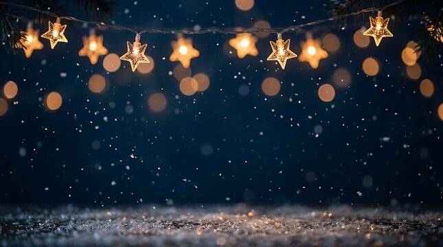 Star shaped string lights hanging above snowy ground at night with christmas lig