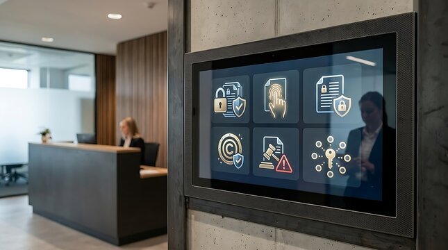 Digital security icons displayed on modern office touch screen interface