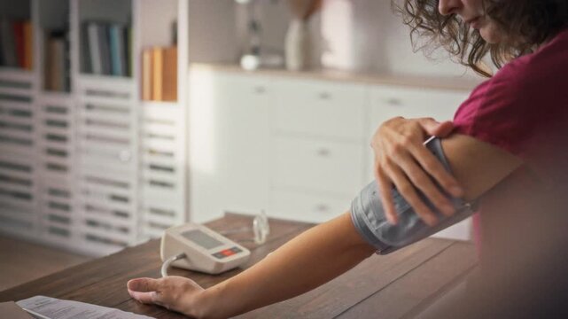 Blood pressure cuff fitted on her arm a woman waits for readings sitting next to wooden table with health notes in room with white shelves and furniture. Concept of chronic disease management at home
