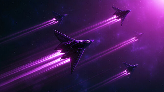 Five futuristic fighter jets fly through a purple space with glowing trails