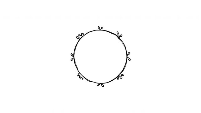 Round Floral Wreath For Frames And Invitations Wiggle Doodle Animation With Alpha Channel. Botanical Circle Border And Decorative Floral Emblem, Transparent Background. 4K Loop Hand Drawn Icon.