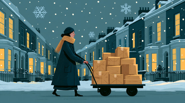 Retro postwoman with a cart of parcels on a snowy street