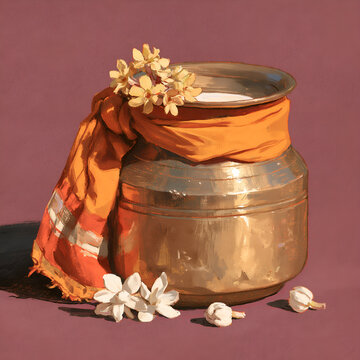 Gouache brass pot of milk wrapped in saffron cloth for Thaipusam