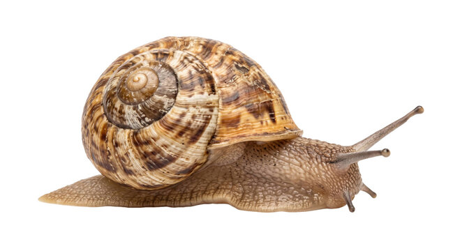 Close-up of a brown land snail with a richly patterned spiral shell on a transparent background