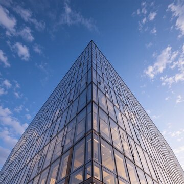 Sharp architectural corner of a glass curtain-wall office building reaching into the sky