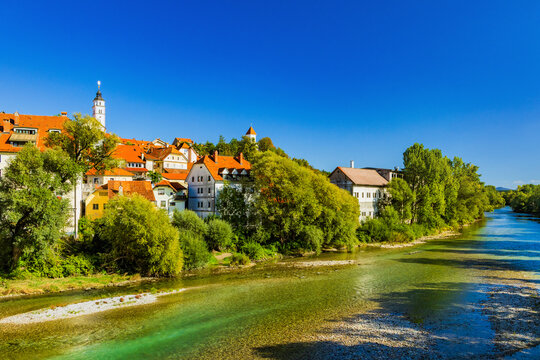 Kranj Old Town and Sava River Panorama, Slovenia &ndash; Historic Riverside Architecture and Red Rooftops