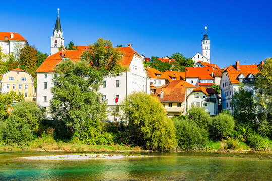 Kranj Old Town and Sava River Panorama, Slovenia &ndash; Historic Riverside Architecture and Red Rooftops