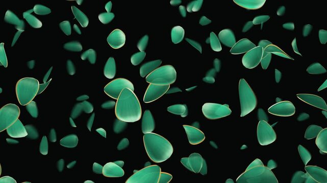 Translucent emerald petals with thin gold edges drifting diagonally through black space, elegant luxury background loop