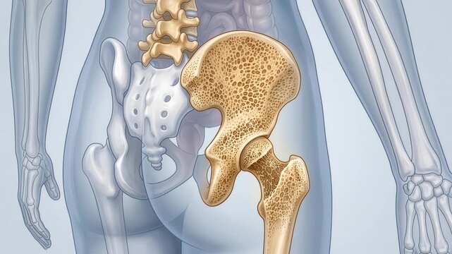 Osteoporosis in the human hip shown through a slightly transparent body anatomy illustration