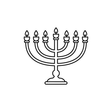 Traditional jewish menorah outline icon for Hanukkah holiday celebrations and religious education projects representing cultural heritage on transparent background.