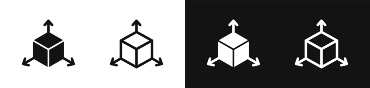 3D cube with axis arrows vector icon set in glyph and outline style