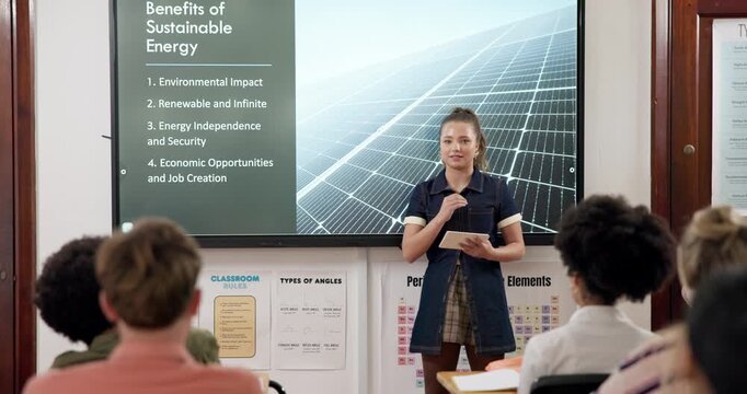 Teen, presentation and talking in classroom, education and info for benefits of sustainable energy. High school, knowledge and environmental impact research on monitor, student and speech for people