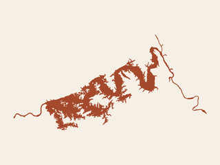 Douglas Lake, Tennessee map silhouette in rust orange on cream, French Broad River reservoir near the Smoky Mountains © Melia