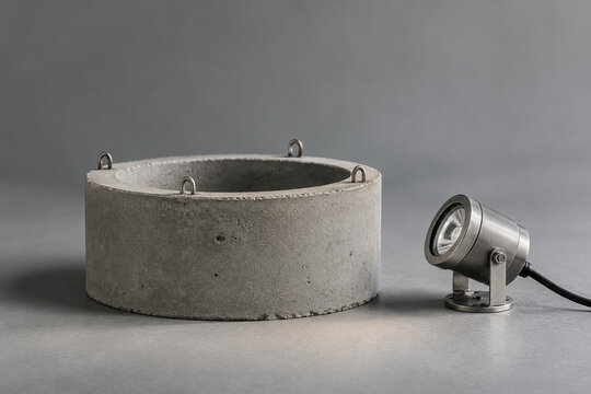 Concrete caisson model and spotlight on grey surface, engineering concept