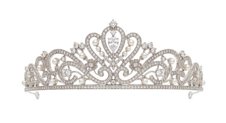 Ornate jeweled tiara with pearls and crystal centerpiece isolated against a black background © Ophelia