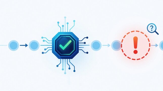 Minimalist business tech illustration showing AI observability failure. Blue microchip with green checkmark symbol processes data through network nodes. Red exclamation mark, question mark icon