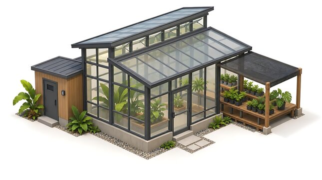 Compact tropical research greenhouse featuring stepped split level roof and raised clerestory. Architecture illustration concept