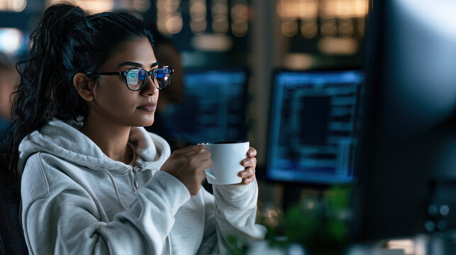 Young female software developer with glasses and coffee mug in dark office