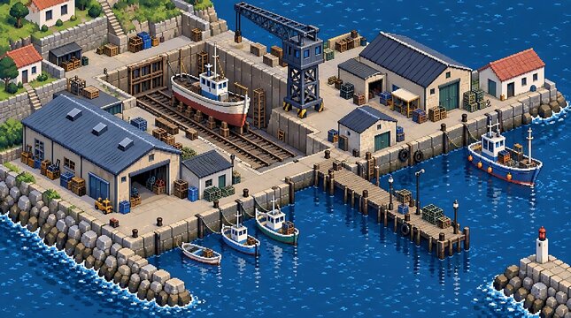 Small harbor repair district built with a dry dock and a compact marine workshop beside the water. Pixel art architecture concept