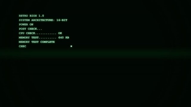 Retro bios terminal boot sequence scrolling system initialization data on dark crt screen with green phosphor glow for cybersecurity marketing