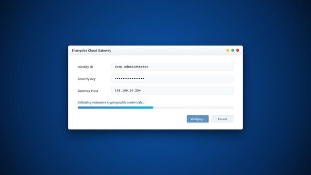Cloud gateway interface processing data migration with steady progress bar loading blue background minimalist style for enterprise software solutions