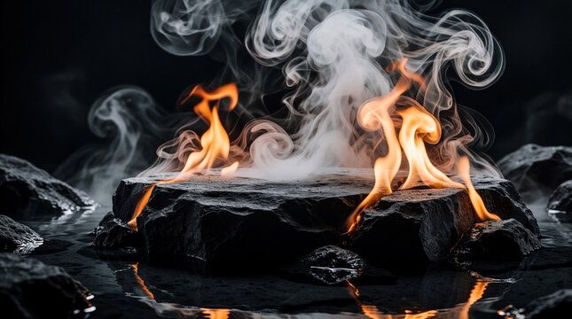Dark stone podium stands in water with fire, smoke. Black granite pedestal features orange flames, white steam. Empty rock platform creates dramatic scene for luxury product presentation. Abstract
