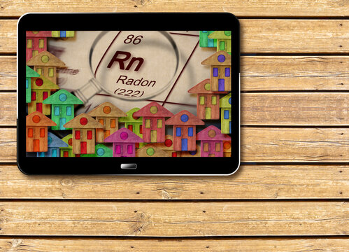 The danger of radon gas in our homes  - concept image - concept image with 3D render of a digital tablet