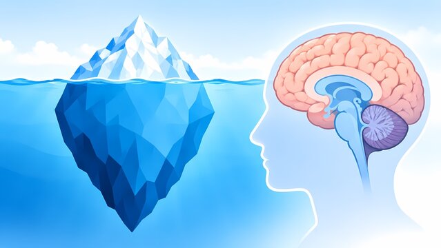 Conscious and Subconscious Mind Concept with Iceberg and Human Brain Illustration