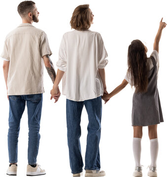 Curious daughter pointing upward beside parents isolated on transparent background in rear view. Educational programs, family tourism concept.