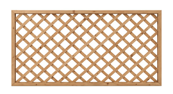 Rectangular wooden garden lattice panel with diagonal crisscross slats isolated on black