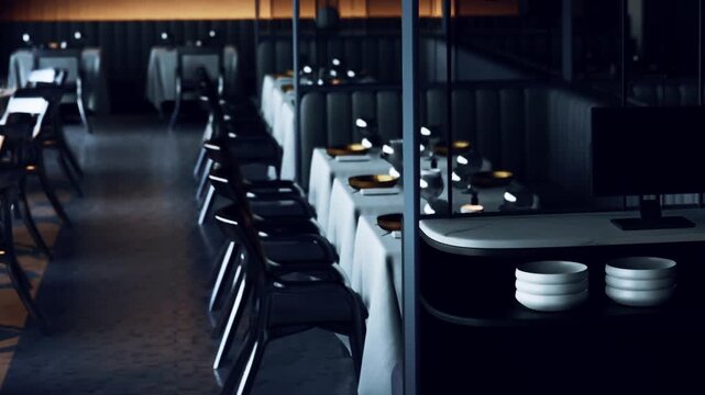 Tables are arranged with white tablecloths and plates in a restaurant setting. The space has a dark ambiance with soft lighting. Evening service is about to begin with empty chairs.