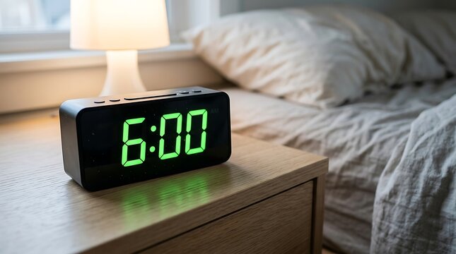 Digital alarm clock on a wooden nightstand in a bedroom showing 600 am in green glowing numbers