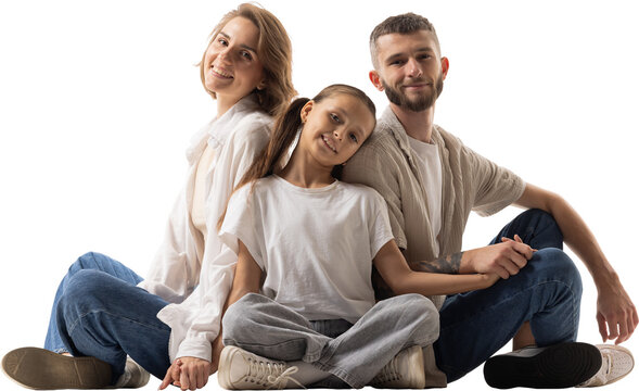 Affectionate daughter leaning against seated mother beside father isolated on transparent background. Family therapy, social support services concept.