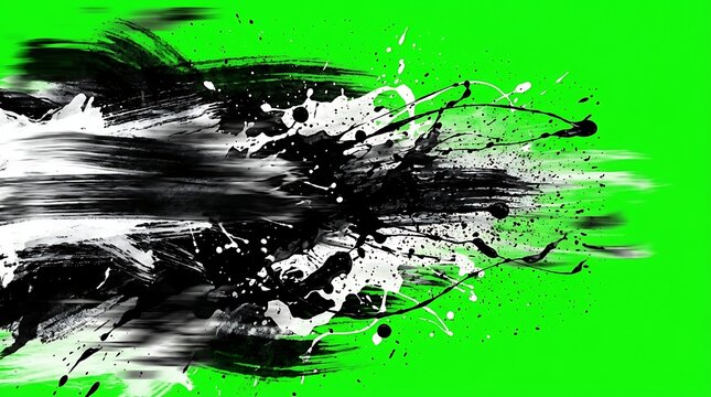 Black and white ink splash, watercolor brush stroke, dynamic paint explosion, abstract motion effect on green screen chroma key background