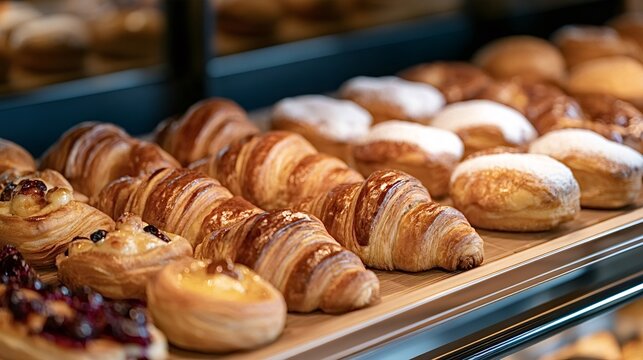 Variety of golden brown croissants, sugar glazed donuts and colorful fruit tarts arranged on a bakery display, tempting customers with fresh, flaky, homemade pastries