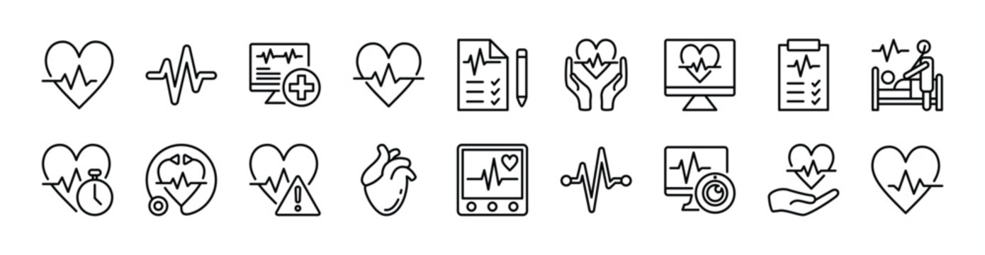 Cardiogram icon set. Heartbeat sign and symbol. Beat, wave, rhythm, rate of heart. Contains healthy pulse, EKG, exam, love, health data, stethoscope, monitoring, warning, cardiac - vector illustration